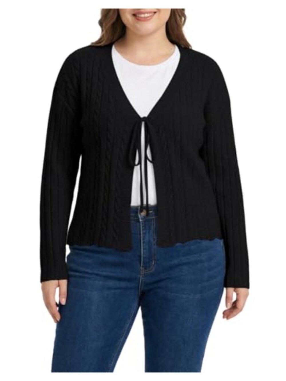 Plus Size Tie Front Cardigan V Neck Cozy Knit Sweater Open Front Top